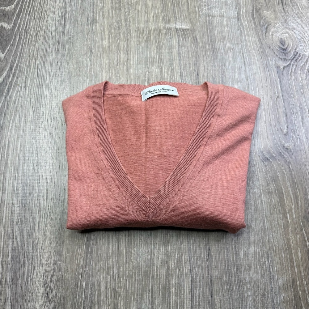 Andrè Maurice Womens Pink V-Neck Ribbed Cuffs Italy Made Pullover Sweater Size S - Picture 9 of 9